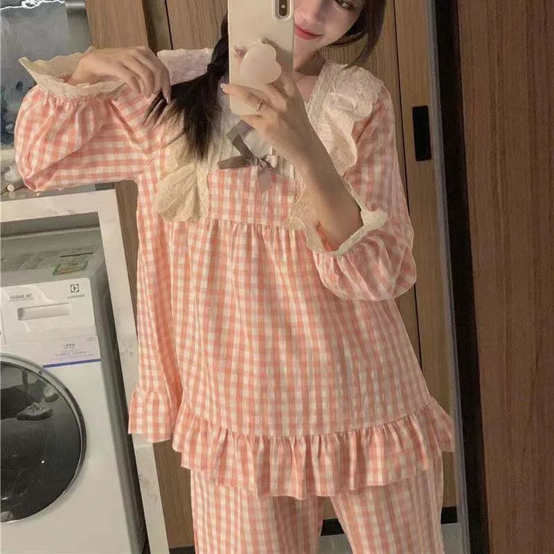 Lace Women Pajamas Set for Home Plaid Ruffles Sleepwear Long Sleeve Pants Suit 2 Pieces Autumn Korean Square Collar Night Wears