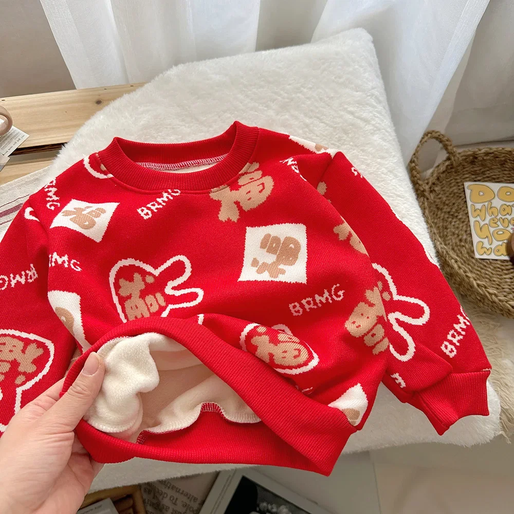 New Child Fleece Thickened Sweatshirt Base Shirt Boy Girl Warm Sweate Round Neck Long Sleeve Autumn Winter Fashion Knitwear Kids
