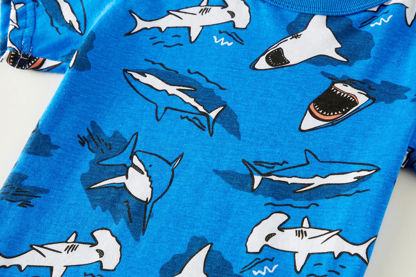 Jungen-Pyjama-Set aus 100 % Baumwolle, Cartoon-Haifisch, voll bedruckt, leicht, atmungsaktiv, Sommer-Pyjama-Shorts-Set für Kleinkinder von 1–8 Jahren – Detail 7