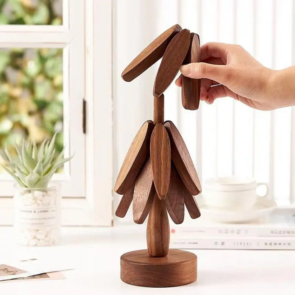 Christmas Tree Coaster with Base 3 Layers Tree Shape Wooden Trivet Placemats Heat Resistant Pot Pan Coffee Tea Cup Holder