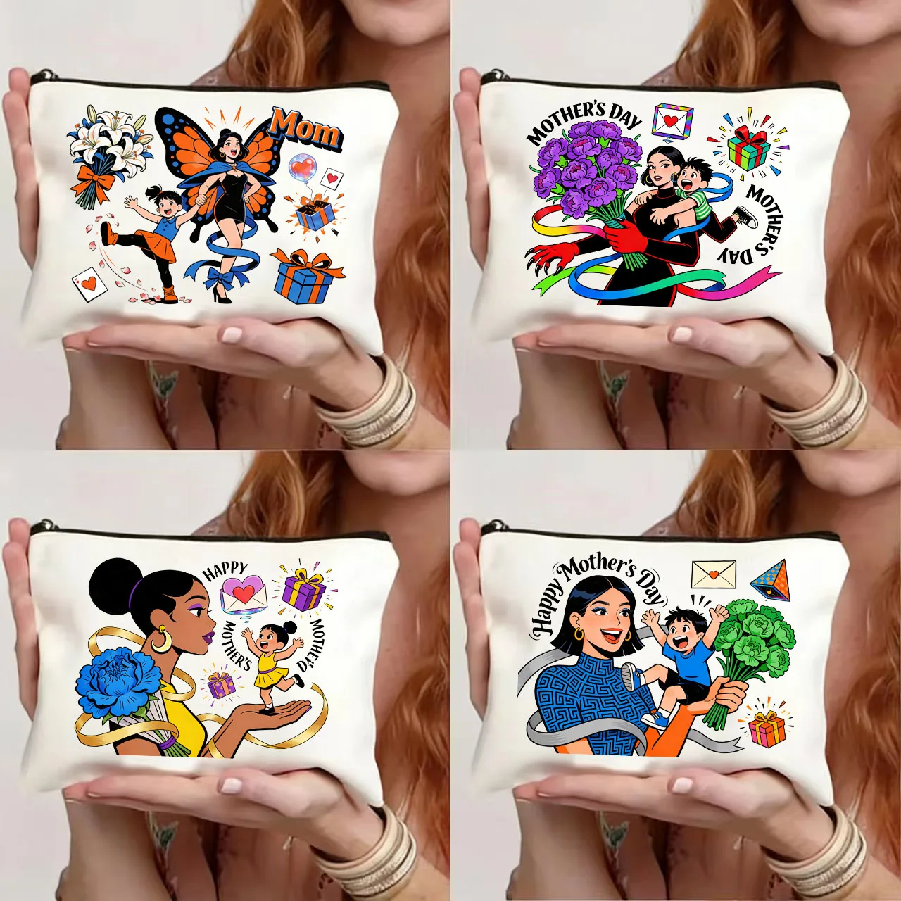 

4pcs Mother's Day gift canvas cosmetics hand storage bag canvas pencil case multifunctional canvas bag
