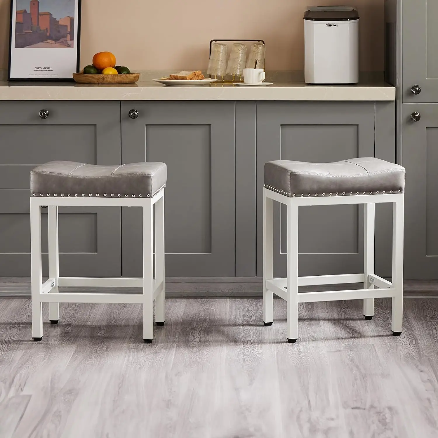 24 Inch Bar Stools Set of 4, PU Leather Counter Height Stools | Upholstered Modern Saddle Barstools with Metal Base and Footrest for Home Bar, Small Apartment, Grey