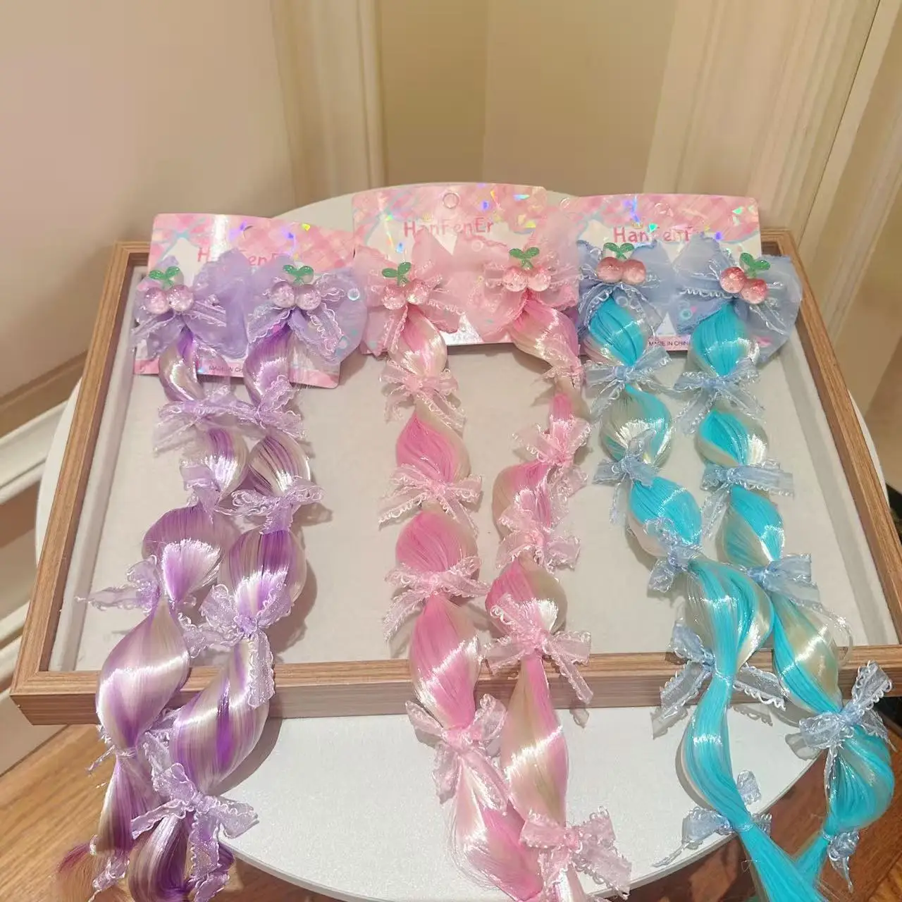 Bunte Kinderperücke mit Zopf und Schleife, Kopfschmuck für Mädchen, Geburtstagsparty, Rosa, Blau, Lila, Pferdeschwanz-Paar, Niedliche Kinderhaaraccessoires HP01