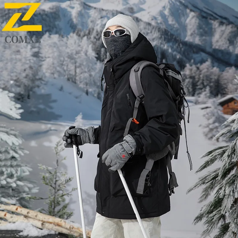 メンズロングダウンジャケットスプライシングフード付きアウトドア登山防寒パッド入りコートカジュアルスノースキー暖かい冬パーカー