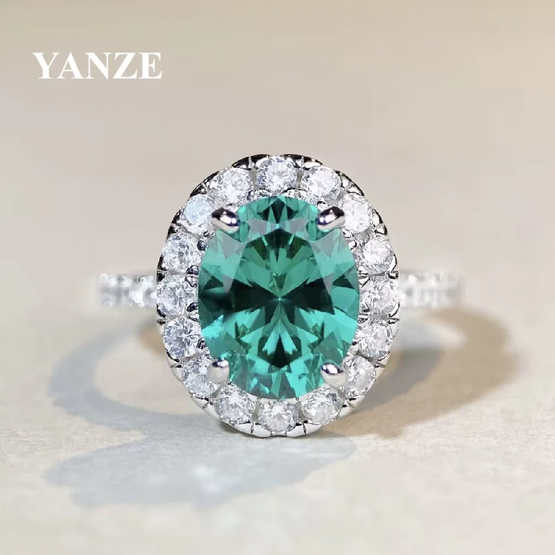 YANZE Lab Gemstone 8*10mm Paraiba Pale Green Ring 100% Real 925 Sterling Silver Oval Diamond Ring for Women Men Jewelry