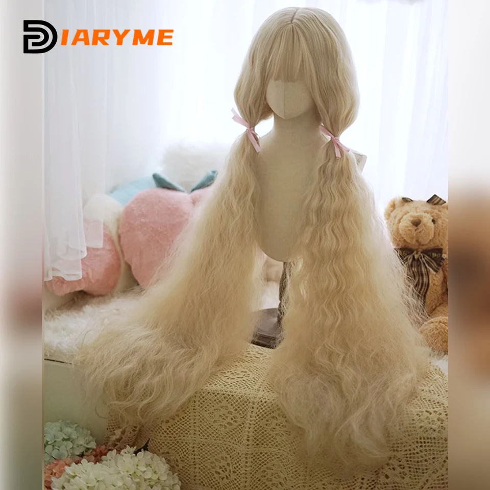 110cm Long Curly Lolita Wig With Bangs Synthetic Blonde Loose Wave Hair Wigs For Women Halloween Party Cosplay Wigs Female