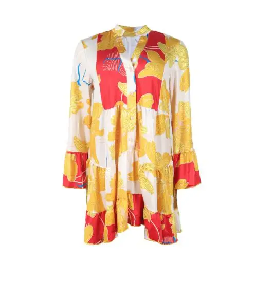 Elegante mini abito da donna con maniche a campana e scollo a V con motivo floreale, abito fluido ampio e rilassato, perfetto per gite e vacanze casual