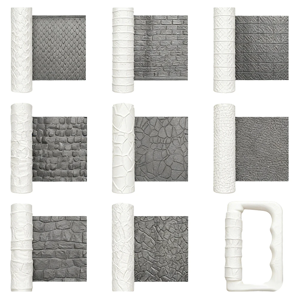 9 Piece Texture Roller Set for Clay Artists Featuring Road Stone Wall and Brick Patterns for Modeling and Sculpting