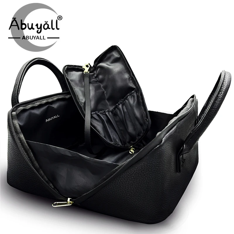 

Leather Makeup Bag Lay Flat Cosmetic Compact Travel Organizer Portable Black Trendy Toiletry Accessories Tote Small 2023