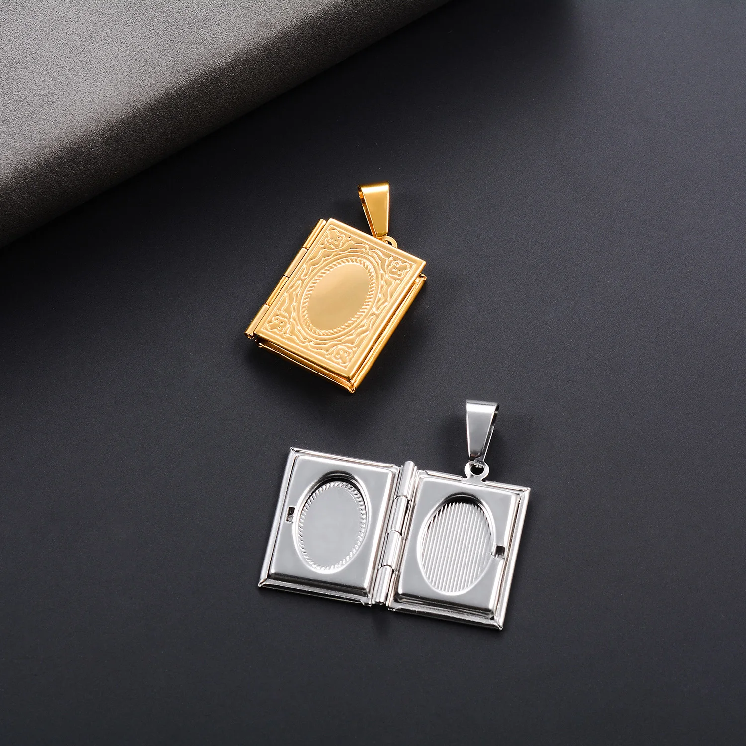 Fotorahmen-Anhänger Halskette O-Kette Rechteckiges Medaillon Buchbild-Charm Edelstahl Öffnbarer Anhänger Schmuck Paargeschenk – Detail 1