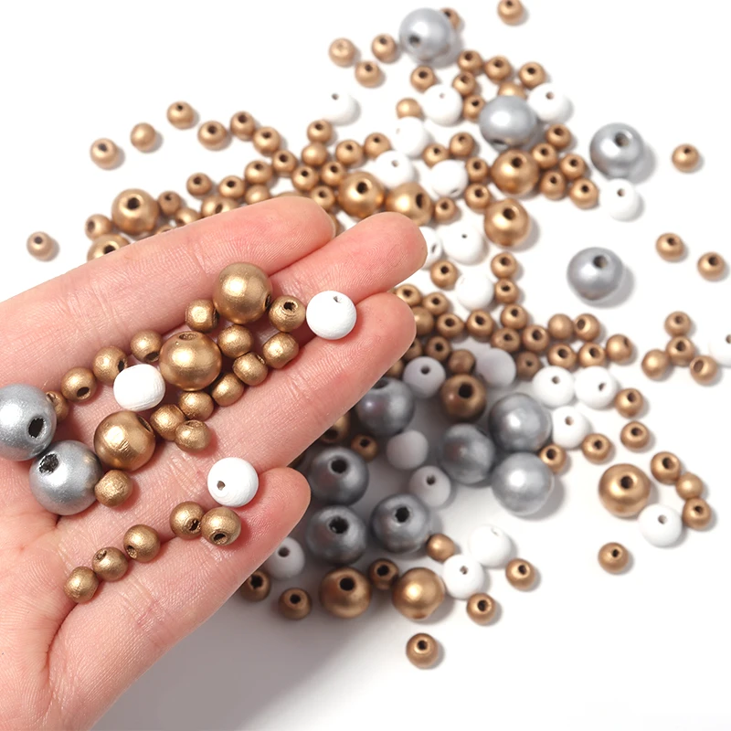 50-200pcs 6-12mm Natural Wood Ball Beads Gold White Color Round Spacer Bead For Jewelry Making Diy Necklace Bracelet