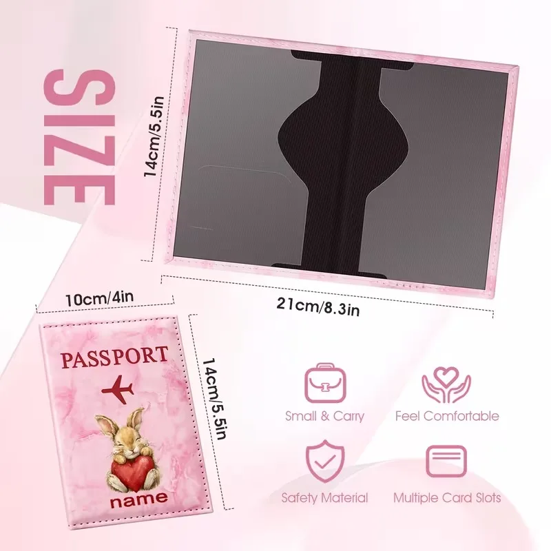 Personalized Name Cute Rabbit Heart Illustration Design PU Passport Holder, Featuring Red Hearts And Adorable Rabbit Elements