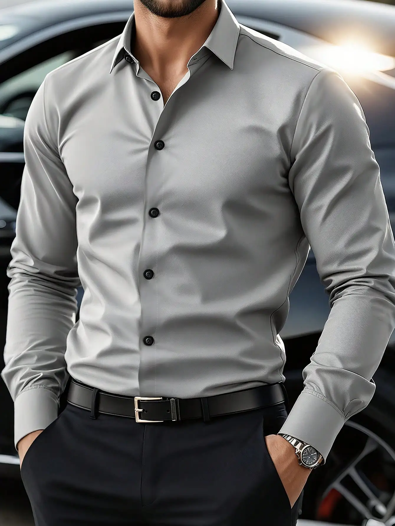 

Men's Slim Fit Long Sleeve Button-Down Shirt in Gray for Office, Casual & Formal Wear