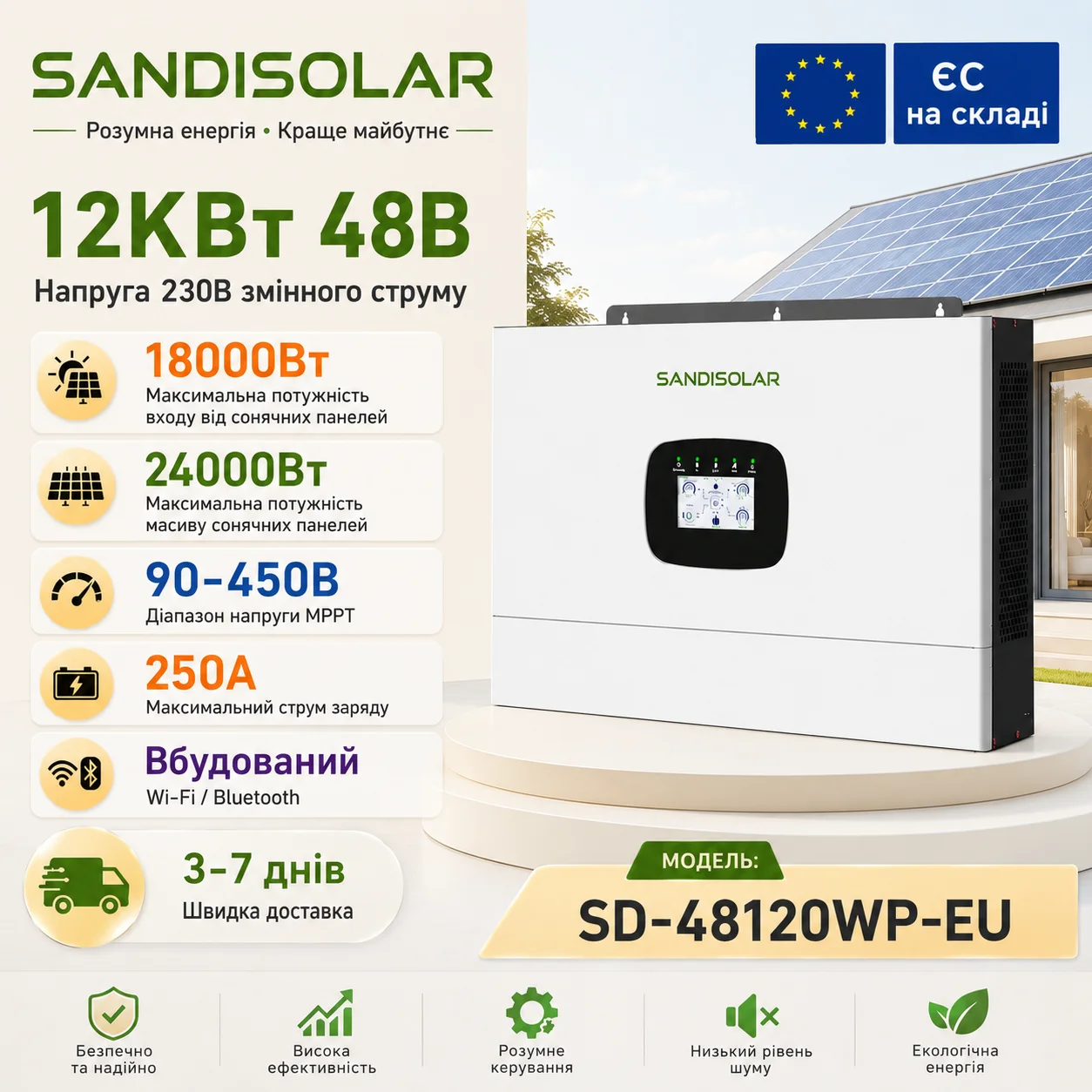 SANDISOLAR 12KW Solar Off-Grid-Wechselrichter 250A MPPT Solarladegerät 230VAC Duale AC-Ausgänge Mit 450VDC Eingebautem WLAN Kostenloser Versand EU-Lager Parallelbetrieb