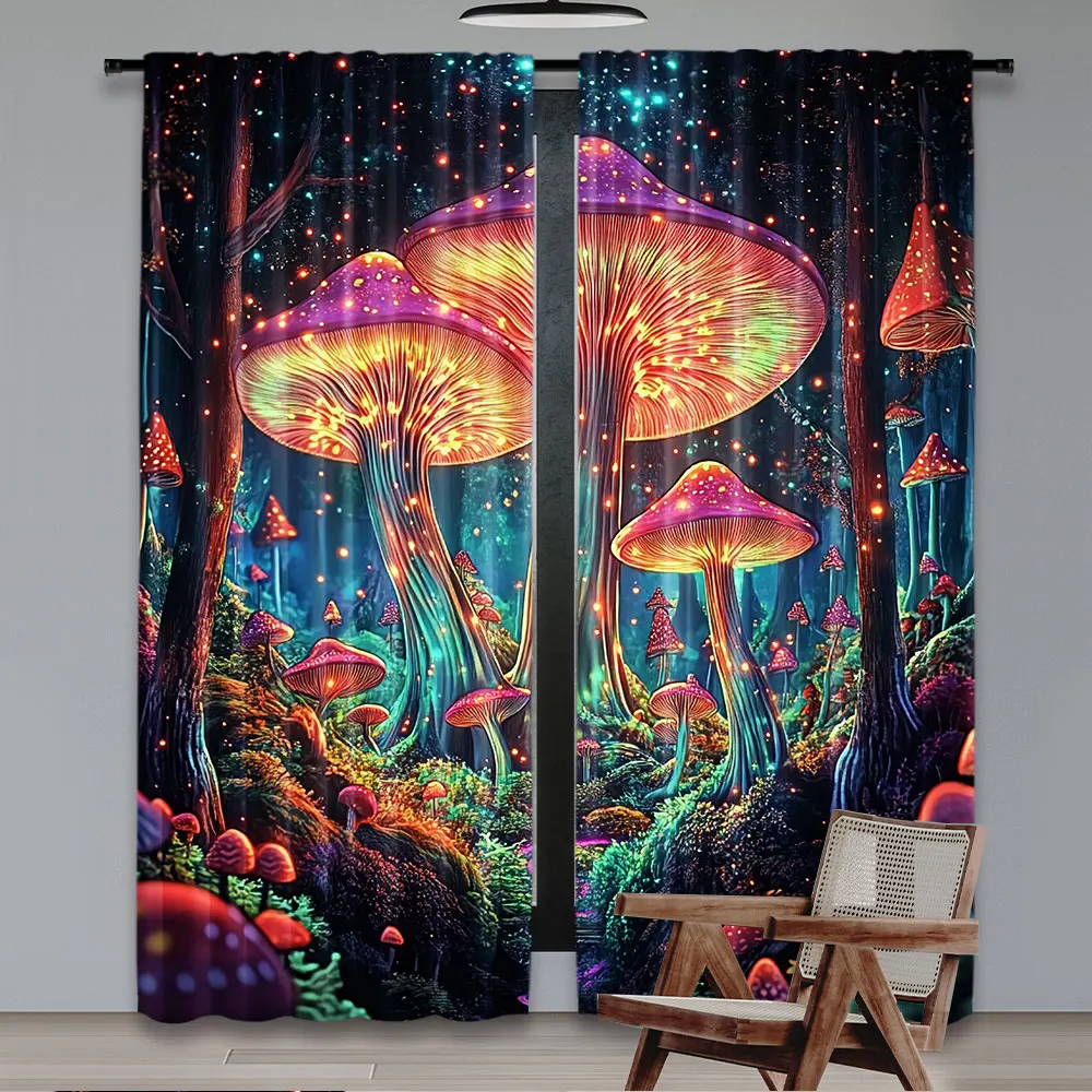 2Pcs Mushroom Curtain Boho Curtains For Cute Mushroom Mother Curtains Blue Forest Landscape Curtain For Bedroom Living Room