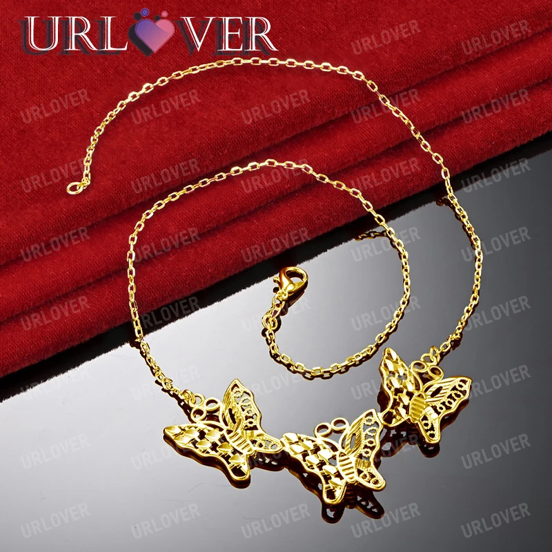 

URLOVER 18K Gold Necklace For Woman Three Hollow Butterflies Pendant Necklaces Fashion Party Wedding Jewelry Cute Birthday Gift