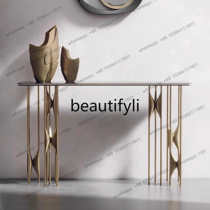 Italian Style Light Luxury Entryway Leather Surface Console Table Creative Design Stainless Steel Long Table