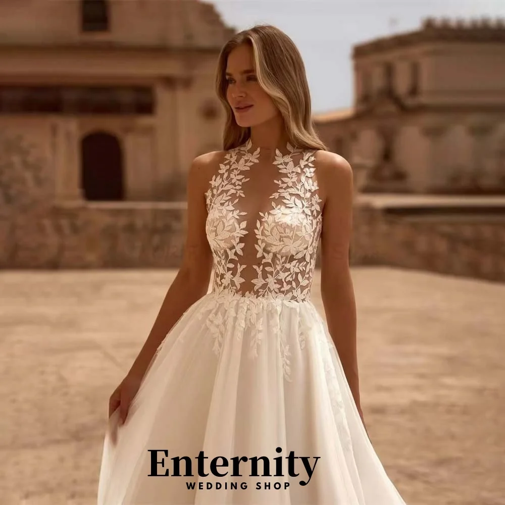 

Customized Sexy Lace Applique Wedding Dress Exquisite Halter Neck Ruffles Bridal Gown Sleeveless Wedding Gown Vestidos De Novia