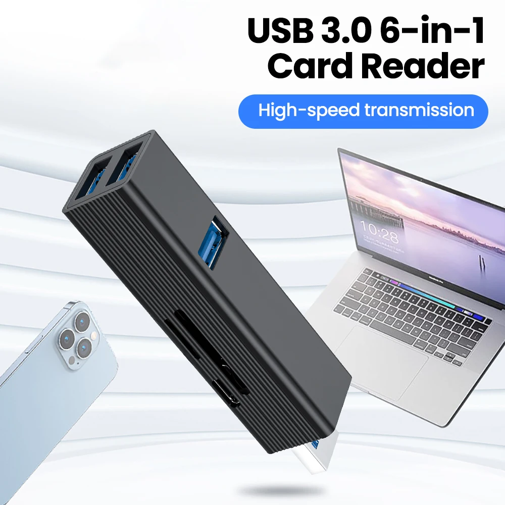 

USB3.0 6-IN-1 USB Card Reader With USB2.0 TF SD Storage Card Slot Type-C Charge Port USB 3.0 CardReader U-dish Reading Transfer