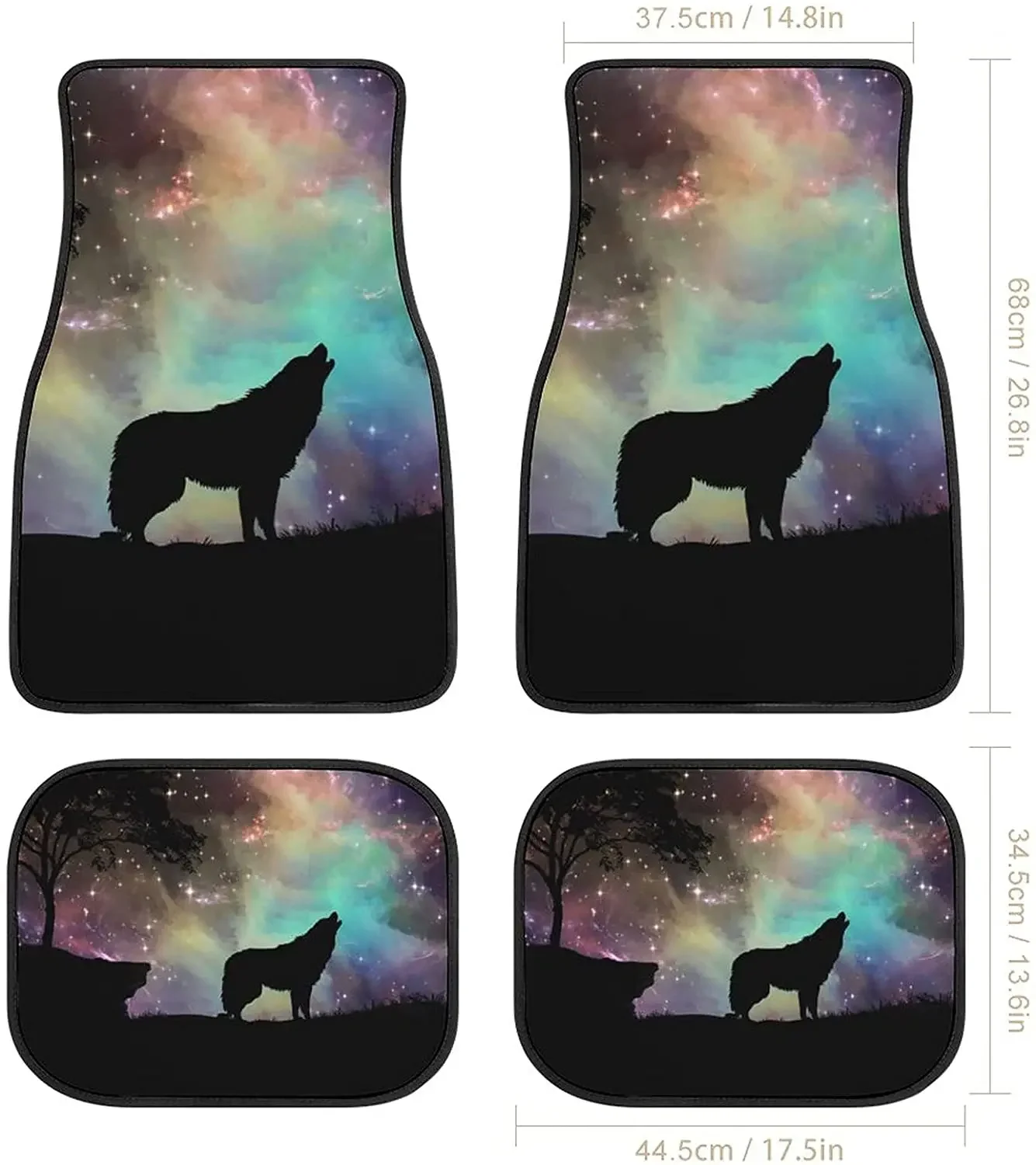 Bagea-Ka Space Starry Galaxy Wolf Animal Pattern Car Floor Mats 4-Piece Front & Rear Protection Set Carpet Universal All Weather