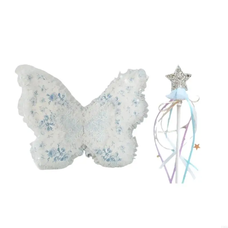 

D5QA Cloth Fabric Butterfly Wing with Headgear and Wand Set Photo Props for Girls