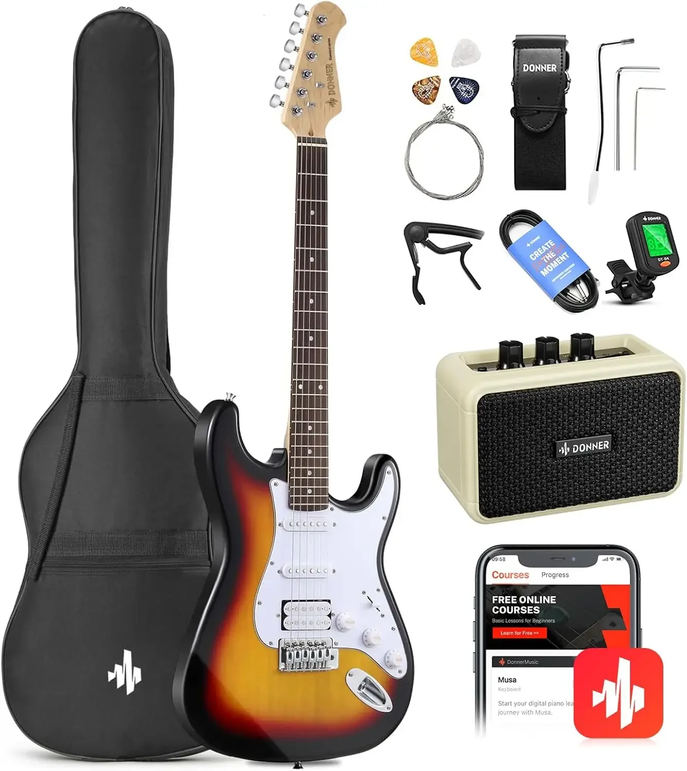 39 Inch Full Size Electric Guitar Kit Solid Body Sunburst, Beginner Starter, with Amplifier, Bag, Capo, Strap, S