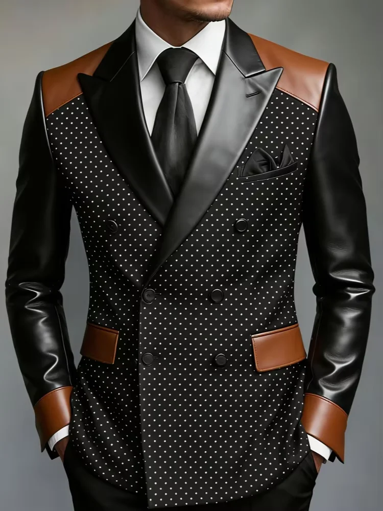 Men Contrast‑Spliced Peak‑Lapel Double‑Breasted Polka‑Dot Slim‑Fit Party Wedding Blazer Jacket