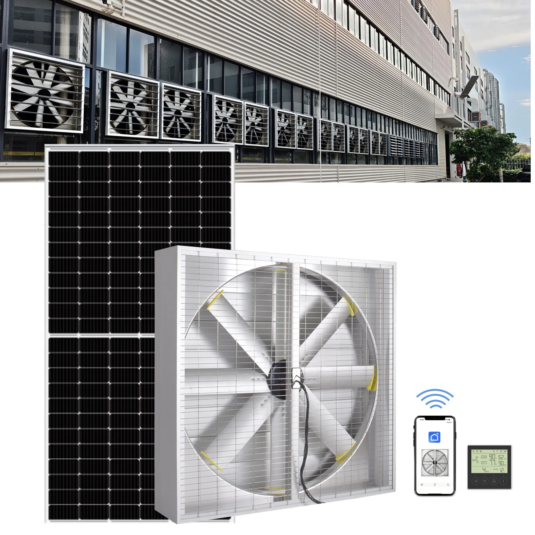 Factory Energy Saving Solar Industrial Wall Cooling Fan with Louvers Large-scale Exhaust Ventilation Fan Aluminum Commercial Fan