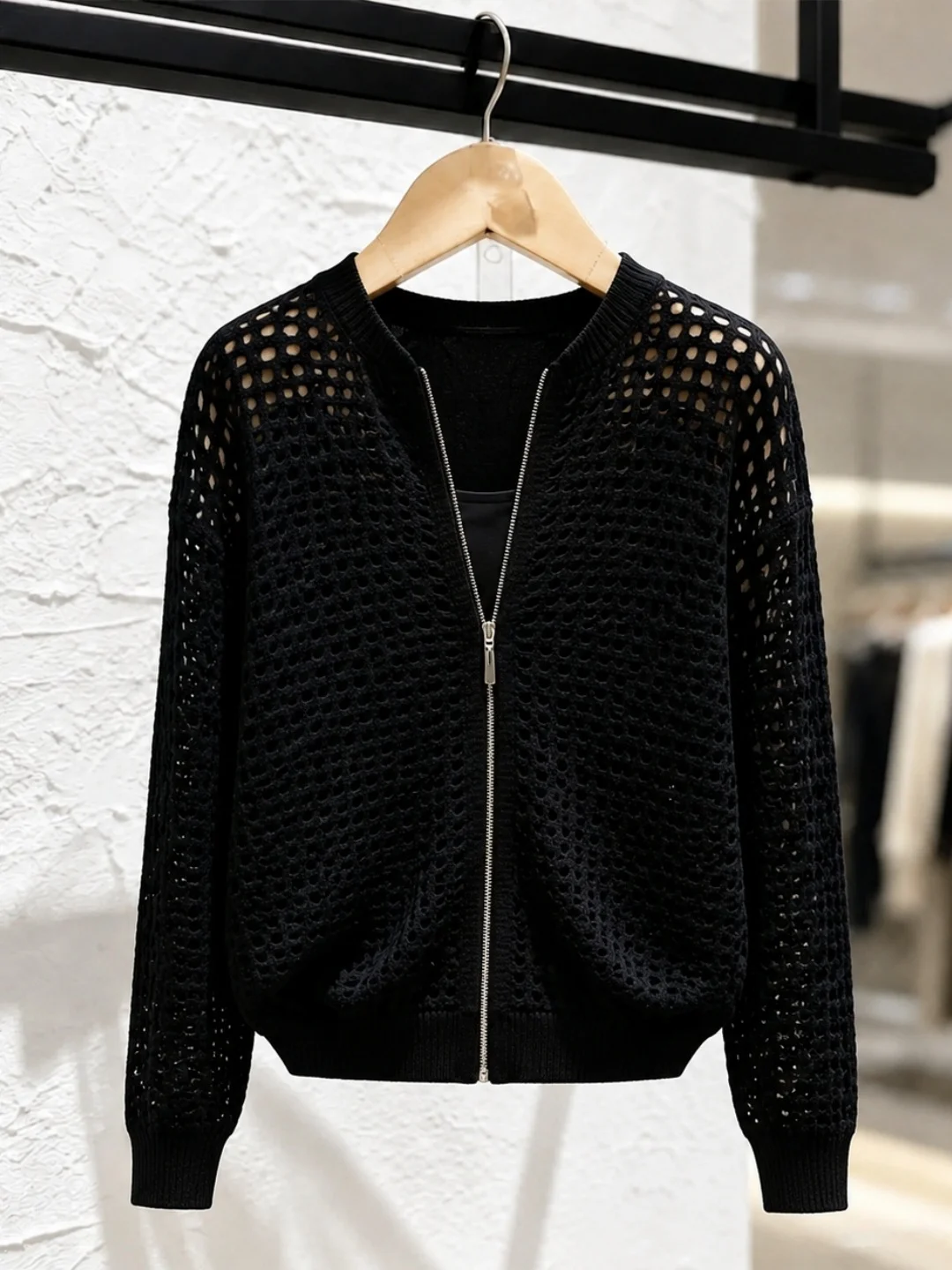 Trendy Long Sleeve Ice Silk Knitted Top Hollow out Commute Versatile High-End Zipper Women's Fashion Korean Style Straight Cut