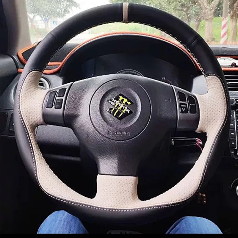 For Suzuki SX4 Alto Old Swift Opel Agila Soft Hand-stitched Non-slip Genuine Leather Sports style Car Steering Wheel Cover