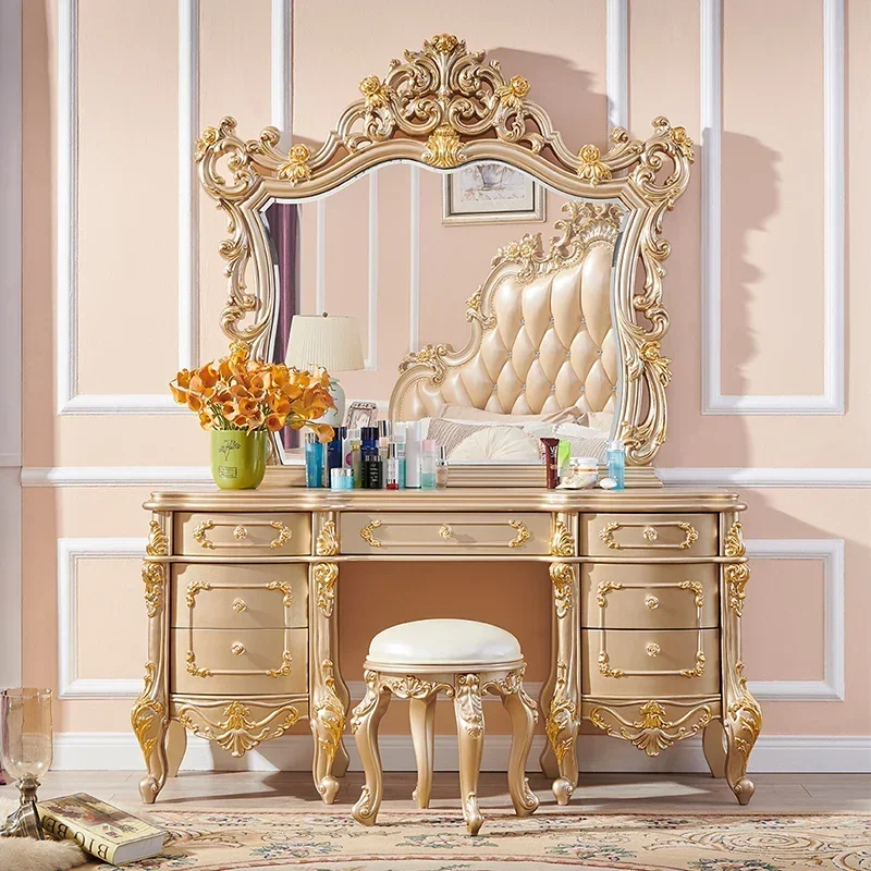 New Classical Home Bedroom Furniture Antique Solid Wood Hand Carved White Dresser With Mirror