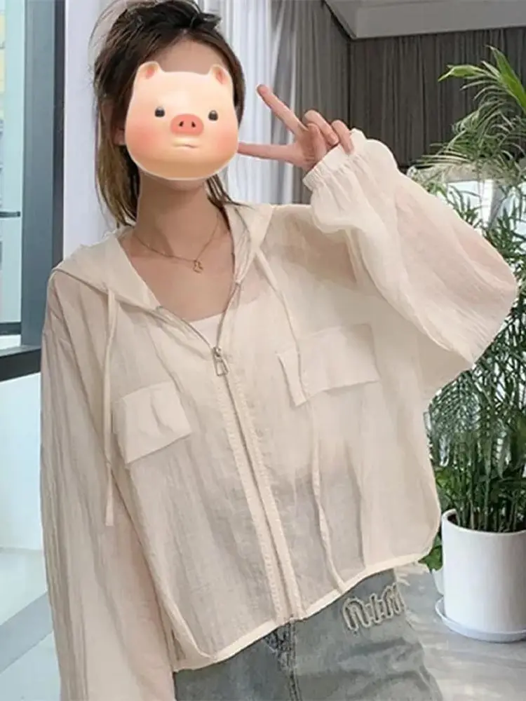 Summer New Loose Women's Sun Protection Shirt Short Thin Long Sleeve Drawstring Elegant Beautiful Top Commute Style Casual Fa...
