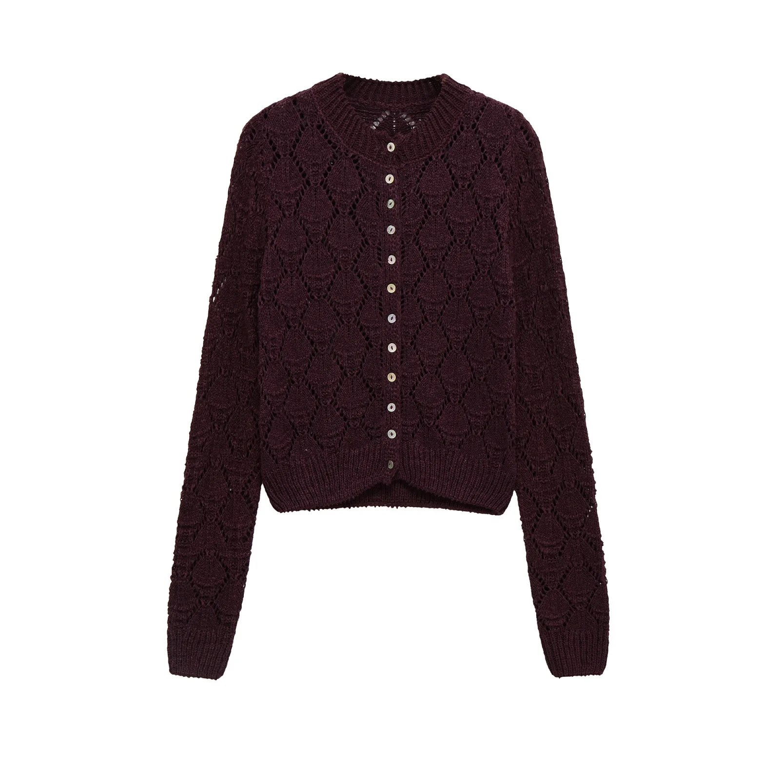 

Burgundy Eyelet Short Cardigan Sweater Women O-Neck Single Breasted Long Sleeve Jumper Autumn New Vintage Casual Knit Outerwear