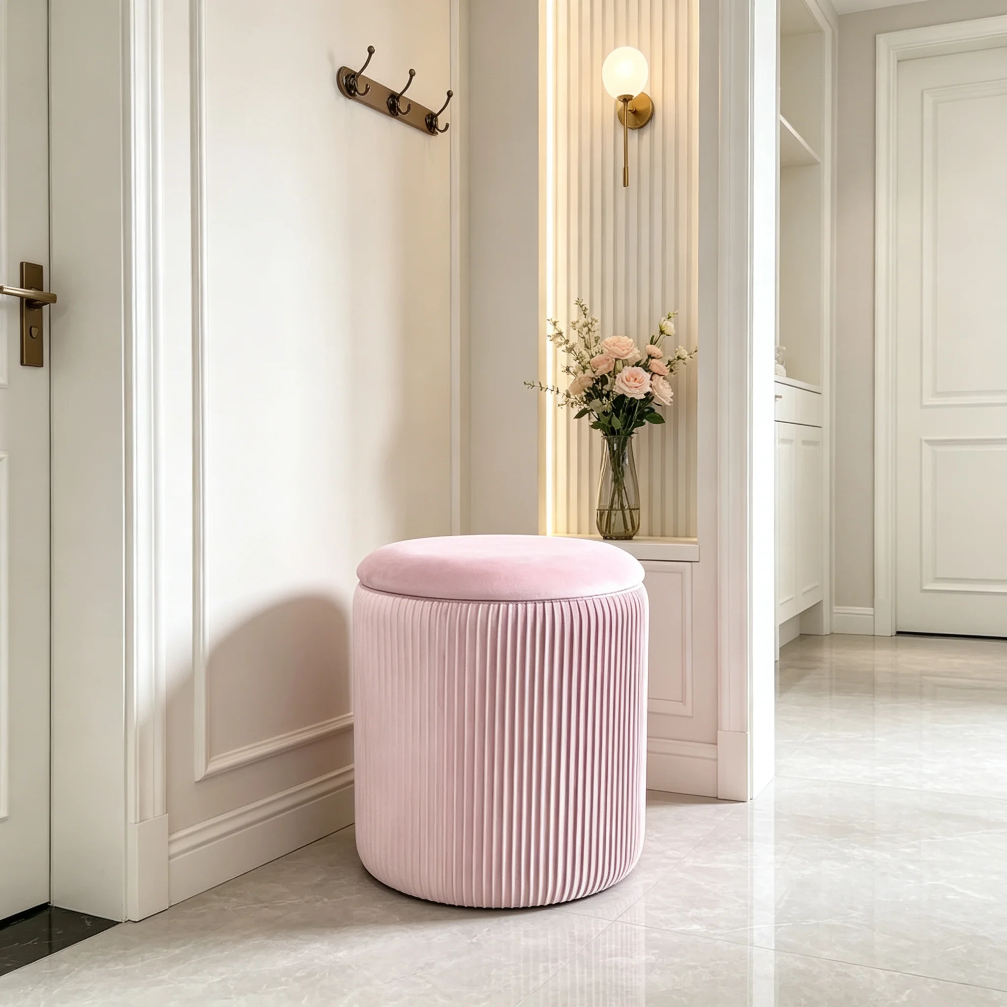 Light Pink Pleated Velvet Modern Storage Stool Soft Padded Removable Lid Built-in Storage Compartment Compact Size Merry Vanity