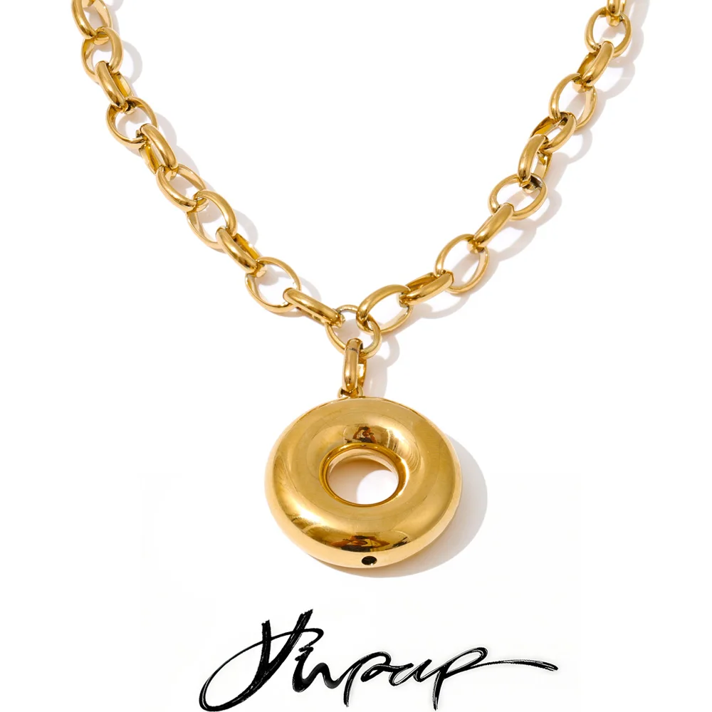 Yhpup Smooth Stainless Steel Chunky Round Pendant Statement Necklace 18K Golden Plated Waterproof Arrivals Collar Jewelry