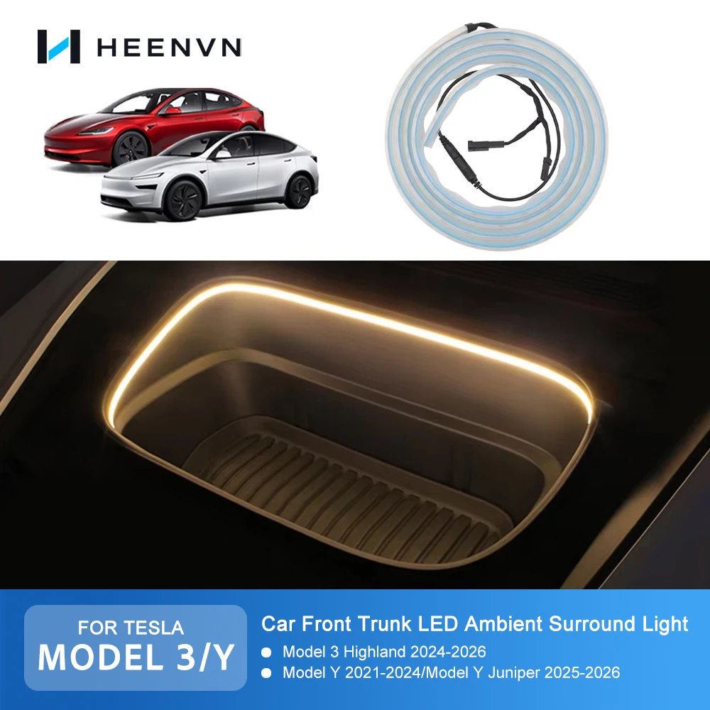 Heenvn For Tesla Model Y Juniper Model 3 Highland 2025 2026 Front Trunk LED Ambient Surround Light Silicone Strip Accessories