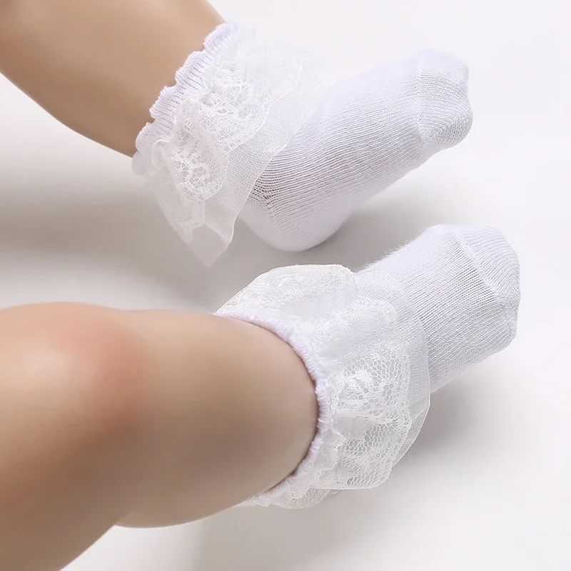 4 Pairs of Cute Lace Cotton Baby Socks 0-1 Years Old Boys and Girls Short Socks Newborn White Baptism