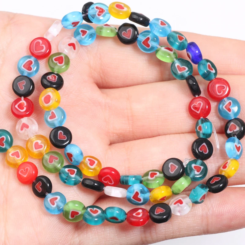 6 8 10mm Flache Runde Perlen Herz Lampwork Glas Abstandhalterperlen für Schmuckherstellung DIY Armbänder Halsketten Bastelbedarf