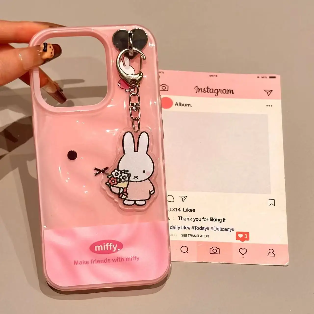 

Miffy Iphone Case Kawaii Cartoon Miffy Rabbit All Inclusive Phone Case Suitable for Iphone 16Pro Ripple Pink Rabbit Expression