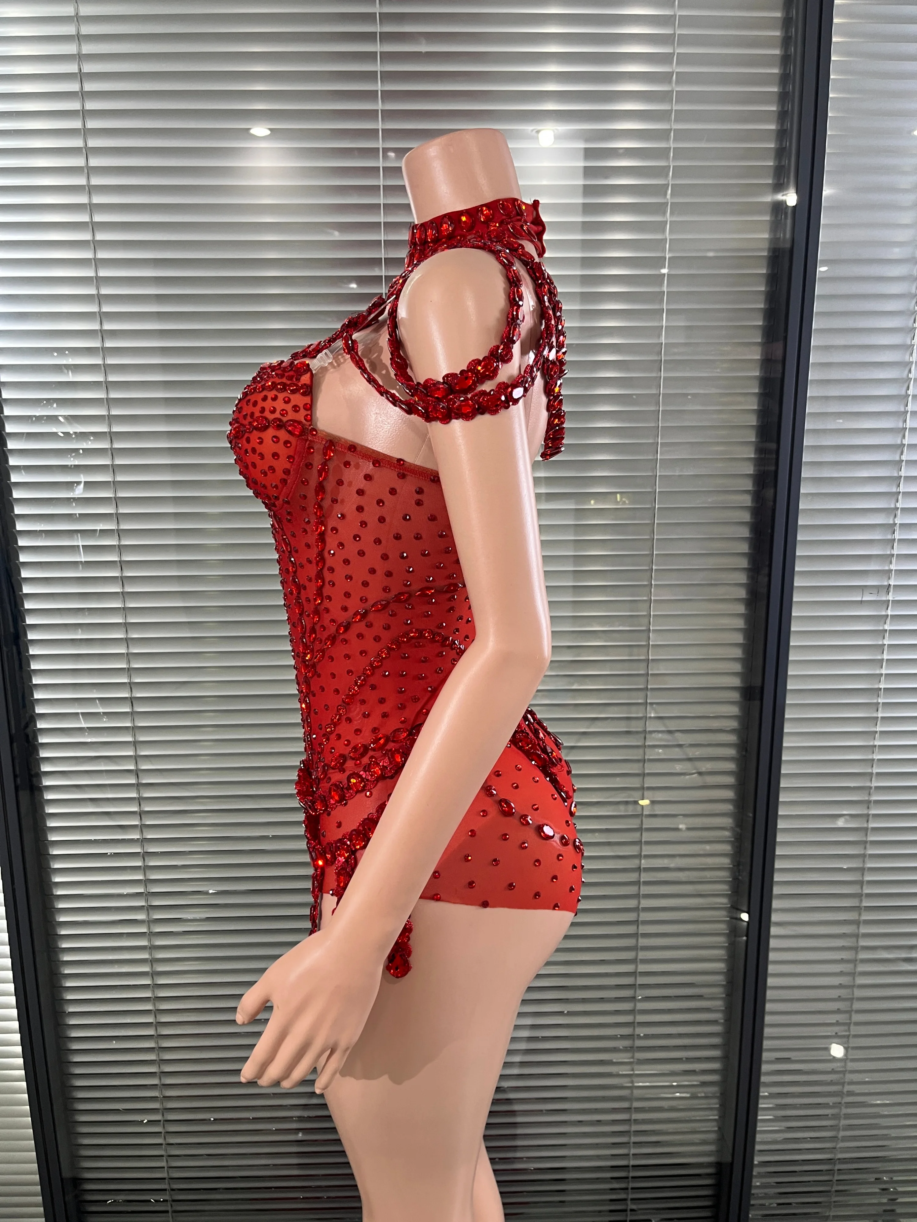 Glamorous Red Rhinestone Mesh Bodysuit with Choker Neckline and Tassel Fringe for Dancers, Raves and Nightclub Performances