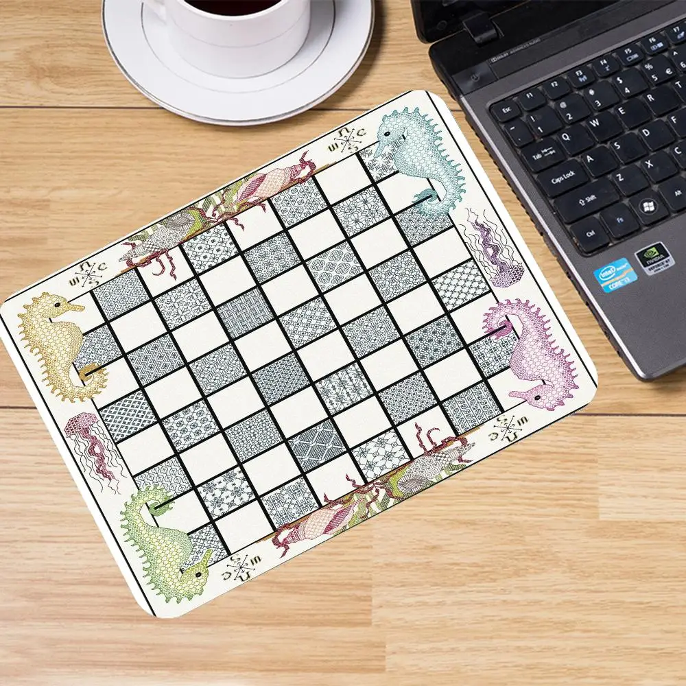 Large Size Playmat Ocean Style Checkered Tile Seahorse Jellyfish Marine Creature Border Fresh Light Tone Anime Games  Mat