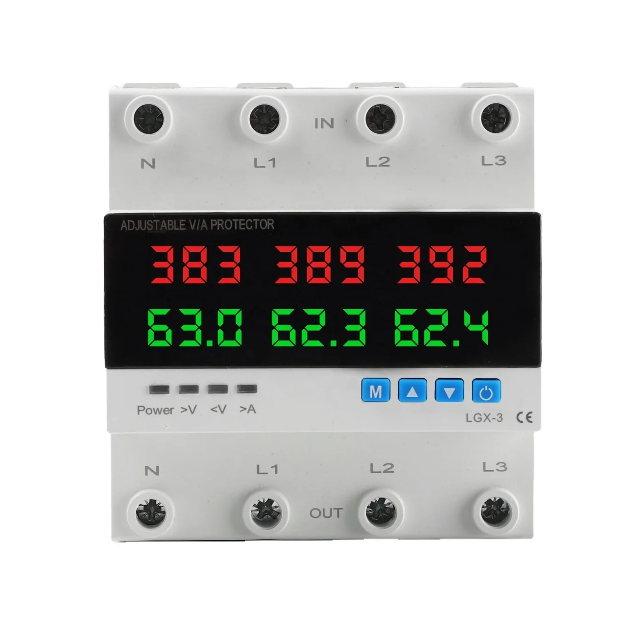 Protecteur de tension de moniteur de protection de courant de surtension et de sous-tension de Rail Din réglable triphasé 220v 63a