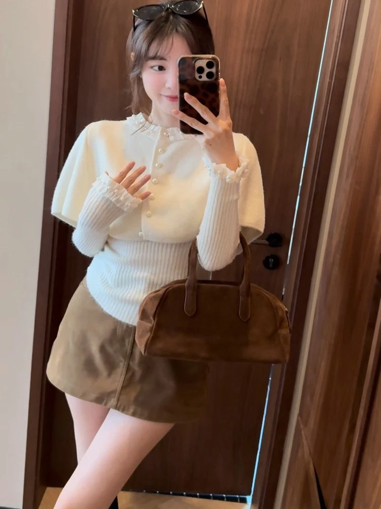 

Casual Sle Women's Coat oulder awl Two-Piece Set Slim Fit Beaded Lace Hemline Autumn Winter Faion Korean Sle Top Bo...