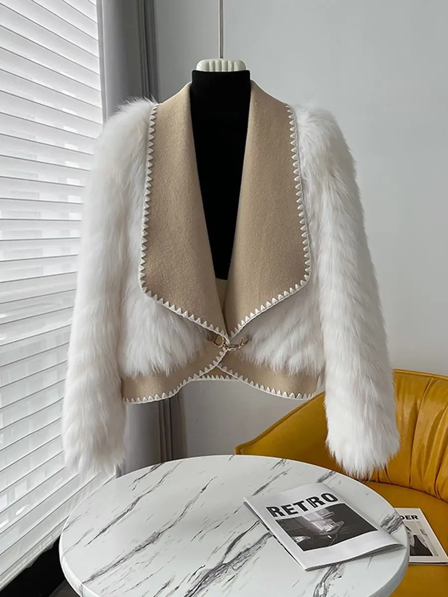 

Faionable ort Double-Sided Woolen Coat Women's Fur Jaet Collar Long Sve Autumn Winter New Arrival Chinese Brand