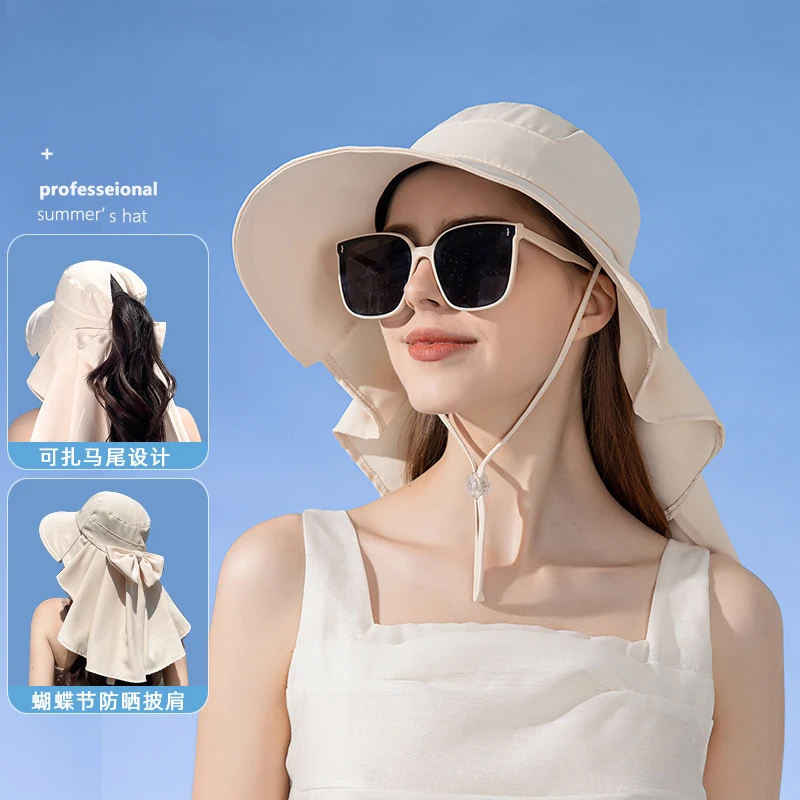 Women's Spring Summer Outdoor Wide Brim Sun Protection Hat with Cape, Ponytail Hole, Bucket Hat