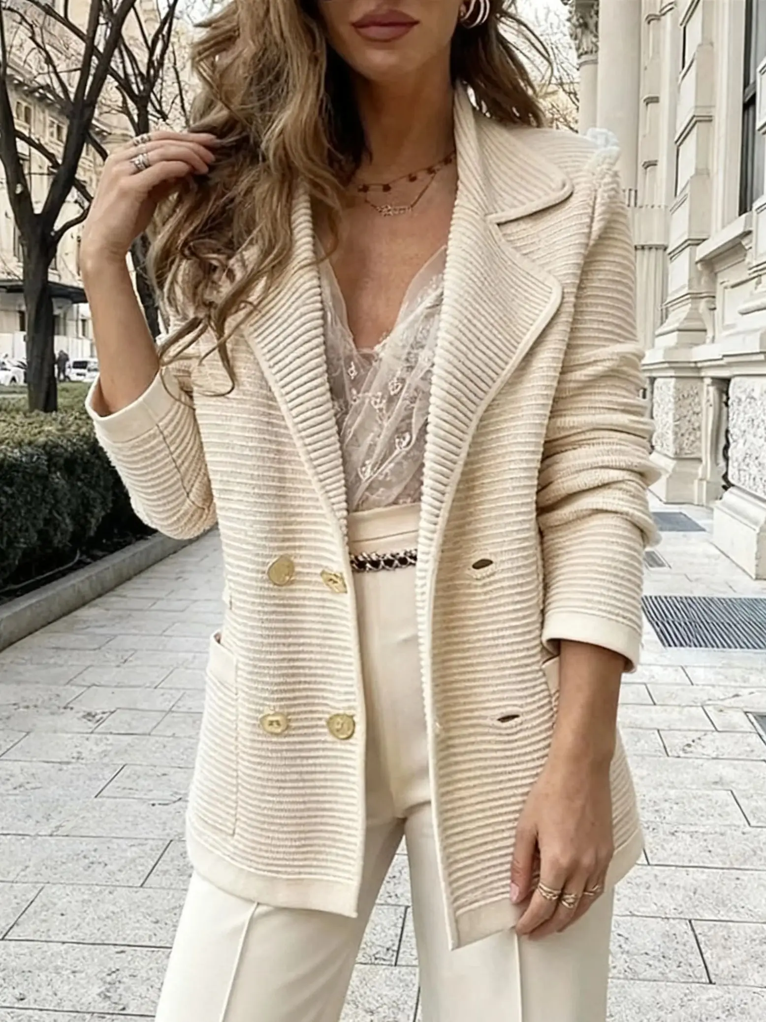 سترة نسائية منظمة - معطف مكتب مخطط عمودي باللونين البيج والأبيض، بدلة عمل شتوية دافئة، غسيل يدوي/جاف #1