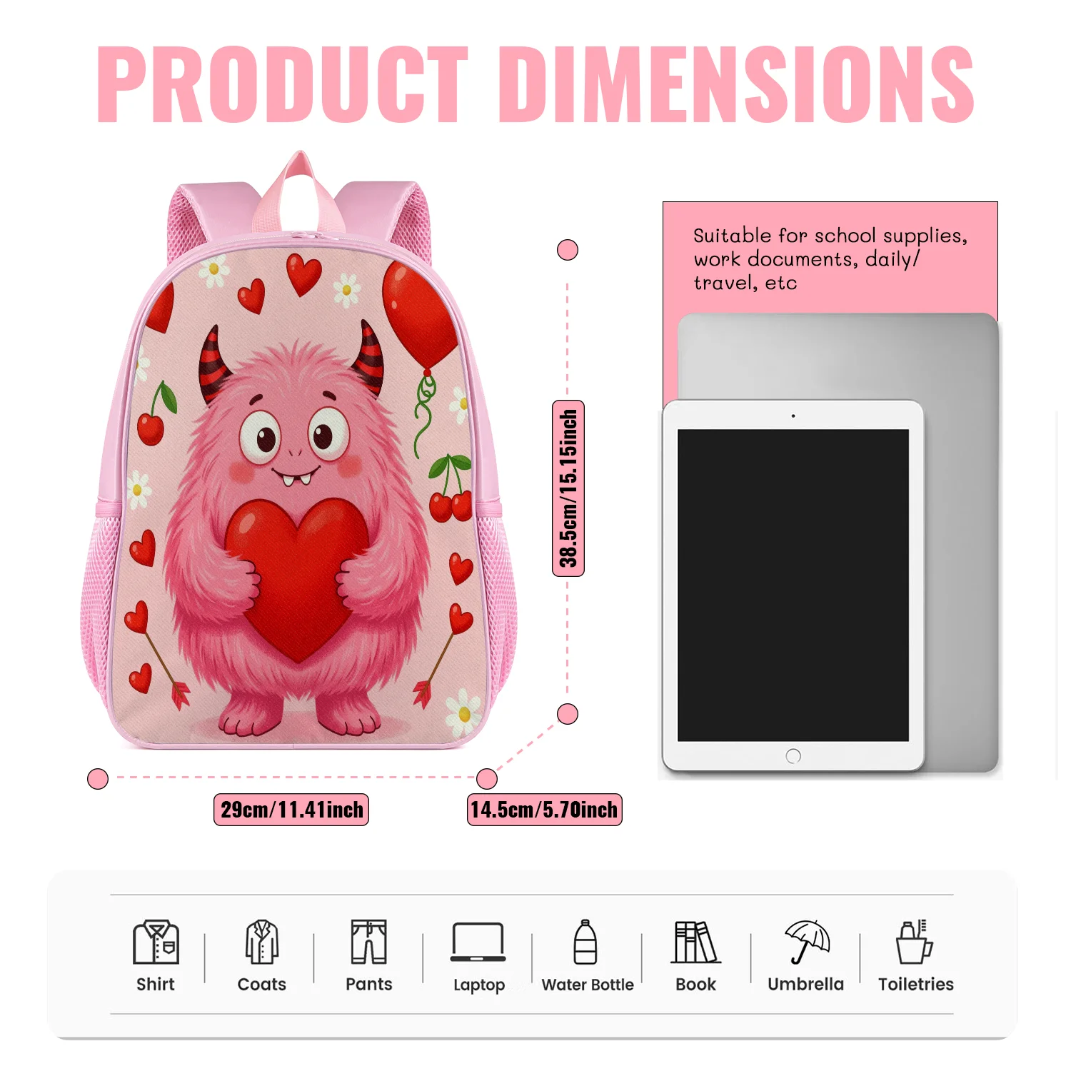 Cute Pink Monster Backpack Lightweight School Bookbag with Heart Cherry Balloon Flower Print Adjustable Padded Straps