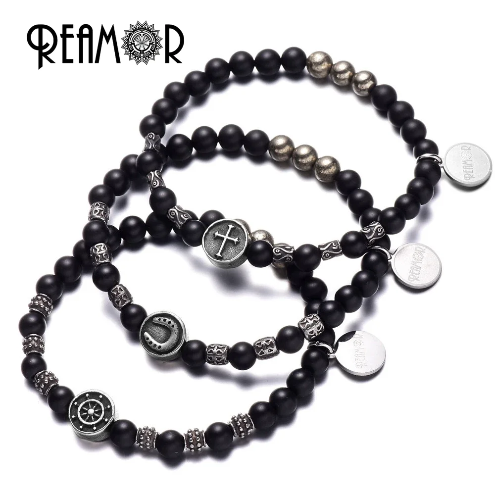 REAMOR Stainless Steel Horseshoe&Rudder&Cross beads with Natural Black Onyx&Iron Pyrite bead Stretch Bracelet for Men Jewelry