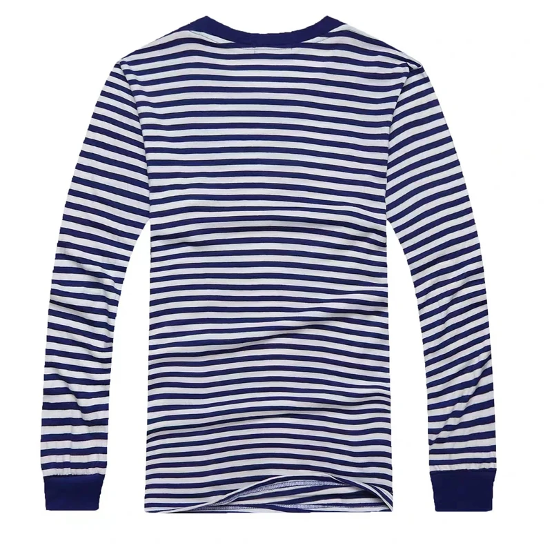 Men\'s Blue White Striped Long Sleeve T-shirt Cotton Blended Round Neck Loose Retro Pullover Top Navy Shirt Base T Shirt L-4XL