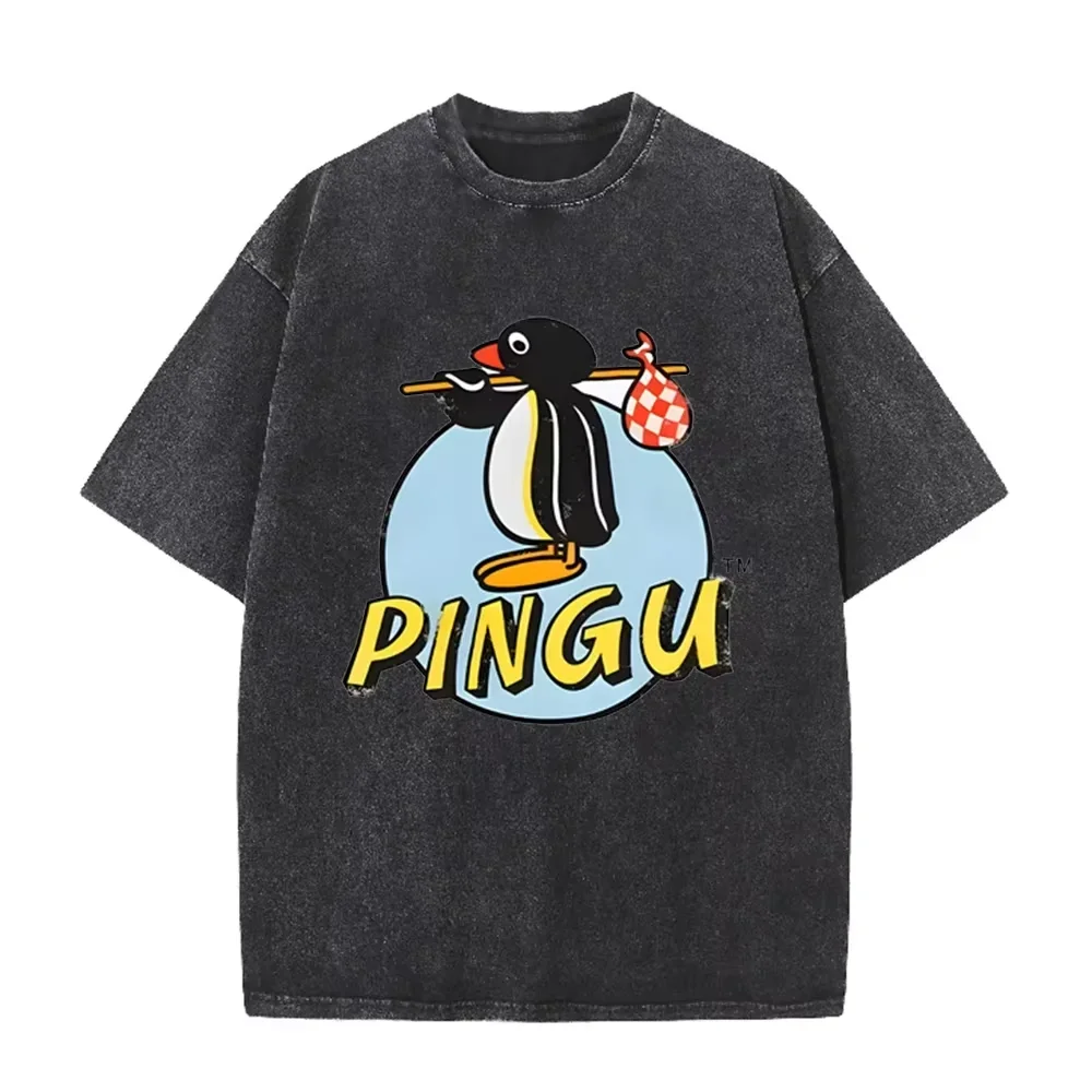 Vintage Washed Black Pingu Print Casual Retro Cartoon T Shirt